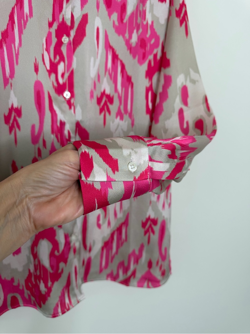 Vilagallo Rosa Fresa Ikat Print Tunic Button Down Shirt Pink Tan Size Large - Picture 6 of 11